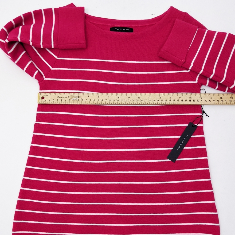 Tahari Sweater NWT Boatneck Stripe Sweater XS Fuschia Pink 3/4 Sleeve - Picture 5 of 7